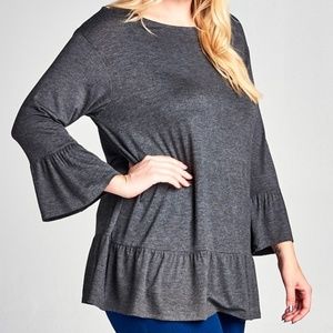 New Plus Size Charcoal Ruffle Long Top